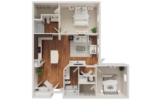 Modern 2D floor plan showcasing 2 spacious bedrooms, cozy living area, stylish kitchen, and elegant bathrooms with wooden flooring and ample natural light.