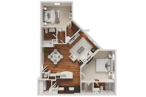 Modern floor plan showcasing 2 bedrooms, elegant living room, and cozy dining area with hardwood floors.