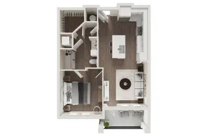 Elegant floor plan showcasing a modern one-bedroom apartment with an open-concept kitchen, cozy living area, and private balcony.