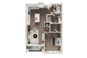 Modern 1-bedroom apartment floor plan featuring open-concept living area, sleek kitchen with island, and elegant bathroom.