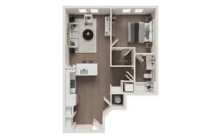 Modern 1-bedroom apartment floor plan with open-concept kitchen and living room, featuring sleek design and ample natural light.