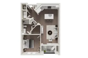 Modern floor plan showcasing an elegant 1-bedroom apartment with spacious open-layout kitchen and living area.