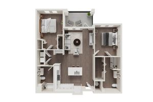 Modern 2D floor plan showcasing 2 bedrooms, an inviting open living area, elegant kitchen, and charming balcony.
