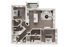 Modern 3D floor plan showcasing an open-concept living area with two bedrooms, a stylish kitchen, and cozy living room space.