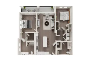 Modern and inviting 2D floor plan showcasing two spacious bedrooms, an elegant living room, and a sleek kitchen with an island. Perfect for contemporary living.