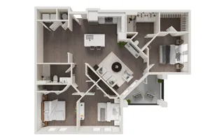 Modern floor plan showcasing 3 bedrooms, open-concept living and dining area, sleek kitchen, and cozy balcony space.