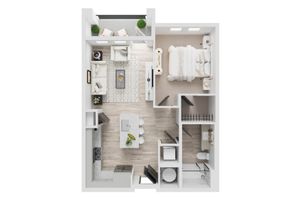 Modern apartment floor plan showcasing 1 bedroom, open-concept living room, sleek kitchen with island, cozy balcony, and stylish bathroom.