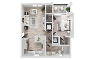 Modern 3D floor plan featuring 1 bedroom, an elegant open-concept living room, and a sleek kitchen with bar seating, complemented by a stylish bathroom.