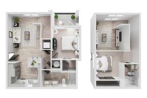 Modern floor plan showcasing a two-level apartment with an elegant living room, open kitchen, and two cozy bedrooms featuring en-suite bathrooms.