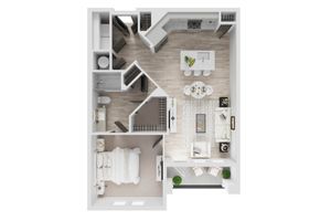 Modern floor plan showcasing a cozy 1-bedroom apartment with an open-concept living area, sleek kitchen, and an inviting balcony.