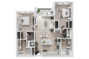 Modern 3D floor plan showcasing a stylish apartment with two cozy bedrooms, an open-concept living and dining area, and a sleek kitchen. Features include abundant natural light, elegant furnishings, and a seamless flow for effortless living.