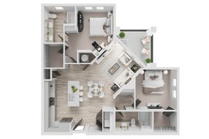 Elegant open-plan apartment floor plan featuring two bedrooms, a chic living room, modern kitchen with island, and a cozy balcony.