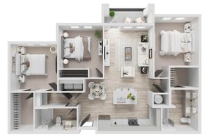 Contemporary 2D floor plan illustrating a chic apartment layout with two cozy bedrooms, an elegant open-concept living and dining area, modern kitchen, and private balcony.