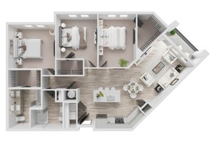 Elegant 3D floor plan highlighting 3 spacious bedrooms, modern open-plan living area, gourmet kitchen, and chic furnishings.