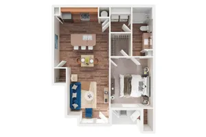 Contemporary 1-bedroom apartment floor plan with an open-concept kitchen, cozy living area, and modern bathroom.