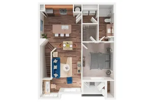 Contemporary floor plan showcasing one bedroom, open living area with a stylish kitchen, and modern bathroom design.