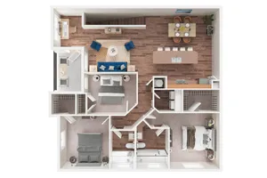 Elegant 2D floor plan showcasing 3 bedrooms, a modern kitchen with island, cozy living room, and dining area with wood flooring.