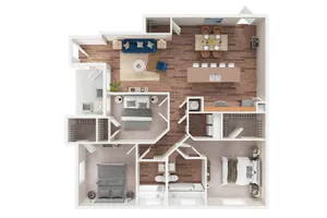 Modern 2D apartment floor plan showcasing an open living area, three cozy bedrooms, a sleek kitchen island, and elegant dining space.