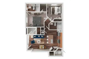 Modern apartment floor plan with two cozy bedrooms, open living area, and sleek kitchen featuring an island counter.