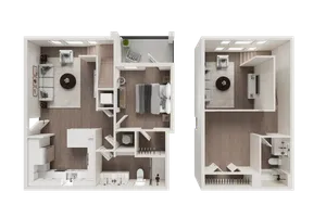 Modern two-story apartment floor plan with luxurious bedroom, spacious living area, and stylish kitchen design.