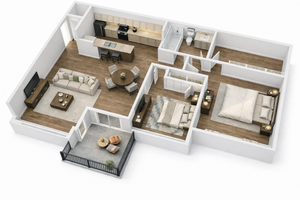 Modern 3D floor plan showcasing two elegant bedrooms, a stylish open-concept living area, a gourmet kitchen with island, and a cozy balcony retreat.