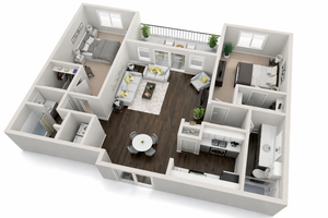 Elegant 3D floor plan showcasing 2 bedrooms, a cozy living area with balcony, and a modern kitchen with dining space.