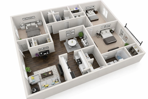 Modern 3D apartment floor plan featuring three spacious bedrooms, an inviting living room, dining area, and a sleek kitchen. Includes a cozy office space and balcony for relaxed living.