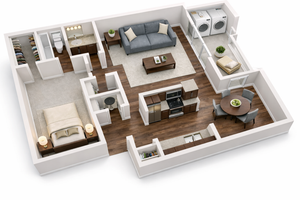 Chic 3D apartment layout showcasing a cozy living room, elegant kitchen, inviting bedroom, and convenient laundry area.
