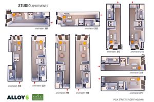 Studio floor plans for units at Polk on Third