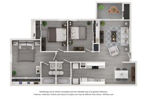 Modern 2D floor plan showcasing two cozy bedrooms, an open living area, and a sleek kitchen with dining space.