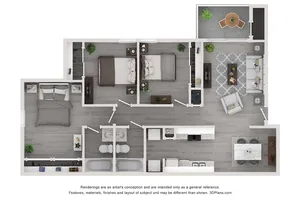 Contemporary 2D layout featuring three bedrooms, a cozy living area, and an open kitchen with dining space.