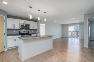 Modern open-plan kitchen and living area featuring sleek stainless-steel appliances, stylish cabinetry, and elegant pendant lighting.