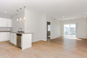 Modern open-plan kitchen and living area with ample natural light and sleek finishes, highlighting hardwood floors and contemporary design.