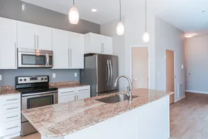 Modern kitchen featuring granite countertops, sleek stainless steel appliances, and elegant pendant lighting.