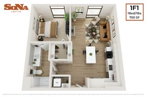 Modern 3D floor plan of SoNa Lofts showcasing a spacious 1-bedroom, 1-bath layout with an open-concept living area and contemporary kitchen in 700 sq ft.