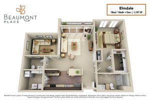 Charming Elmdale floor plan with 1 bedroom, 1 bath, and a den, showcasing a bright open living space with modern kitchen and cozy lounge area, totaling 1,157 sq ft at Beaumont Place.