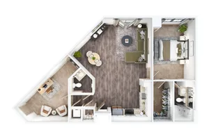 Contemporary 2D floor plan featuring a spacious bedroom, cozy living area, modern kitchen, home office space, and a stylish bathroom.
