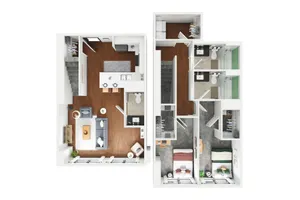 Contemporary 2-story floor plan with open-concept living area, modern kitchen, and 2 cozy bedrooms, featuring elegant wood flooring and stylish bathrooms.