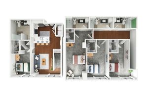 Modern 3D floor plan showcasing 3 bedrooms, a spacious living area, and a stylish kitchen with island dining.
