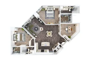 Modern apartment floor plan with two spacious bedrooms, elegant open-concept living and dining area, and a sleek kitchen. Includes office space and ample storage, perfect for contemporary living.