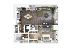 Modern 2D apartment floor plan featuring an open-concept kitchen and cozy living space, a spacious bedroom, and a sleek bathroom with contemporary finishes.
