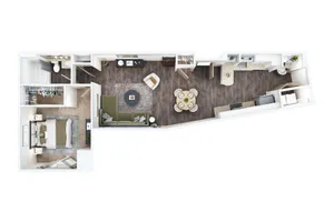 Modern 1-bedroom apartment floor plan showcasing an open-concept living and dining area, stylish kitchen, and elegant bathroom.