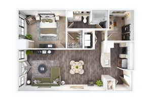 Inviting floor plan showcasing a modern one-bedroom apartment with an open living area, stylish kitchen with breakfast bar, and a cozy bedroom connected to a luxurious bathroom.