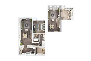 Elegant 3D floor plan showcasing a modern two-story apartment with a luxurious open-concept living area, spacious bedroom, stylish kitchen, and cozy loft space.