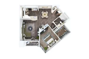 Modern open-concept floor plan featuring a spacious living area, sleek kitchen with island, cozy bedroom, and elegant bathroom.