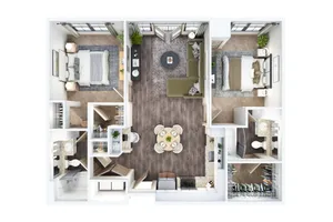 Modern 2D floor plan showcasing two spacious bedrooms, a stylish living room, and a contemporary kitchen with open dining area.