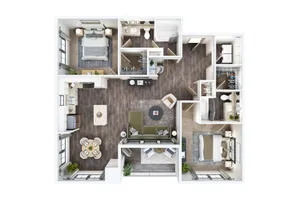 Contemporary 2D floor plan featuring two spacious bedrooms, a modern kitchen, cozy open-concept living area, and two elegant bathrooms.
