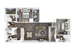 Elegant 3D floor plan showcasing 2 bedrooms, a sleek kitchen, modern living room, and stylish bathrooms, perfect for contemporary living.