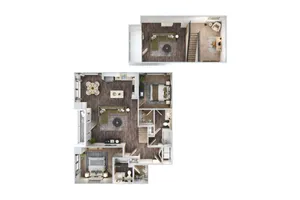 Elegant two-level floor plan featuring a spacious living area, modern kitchen, and three cozy bedrooms, ideal for comfortable living.