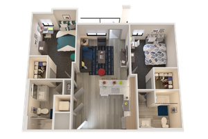 Modern 3D floor plan showcasing two bedrooms, an open living area, and a sleek kitchen, perfect for contemporary living.